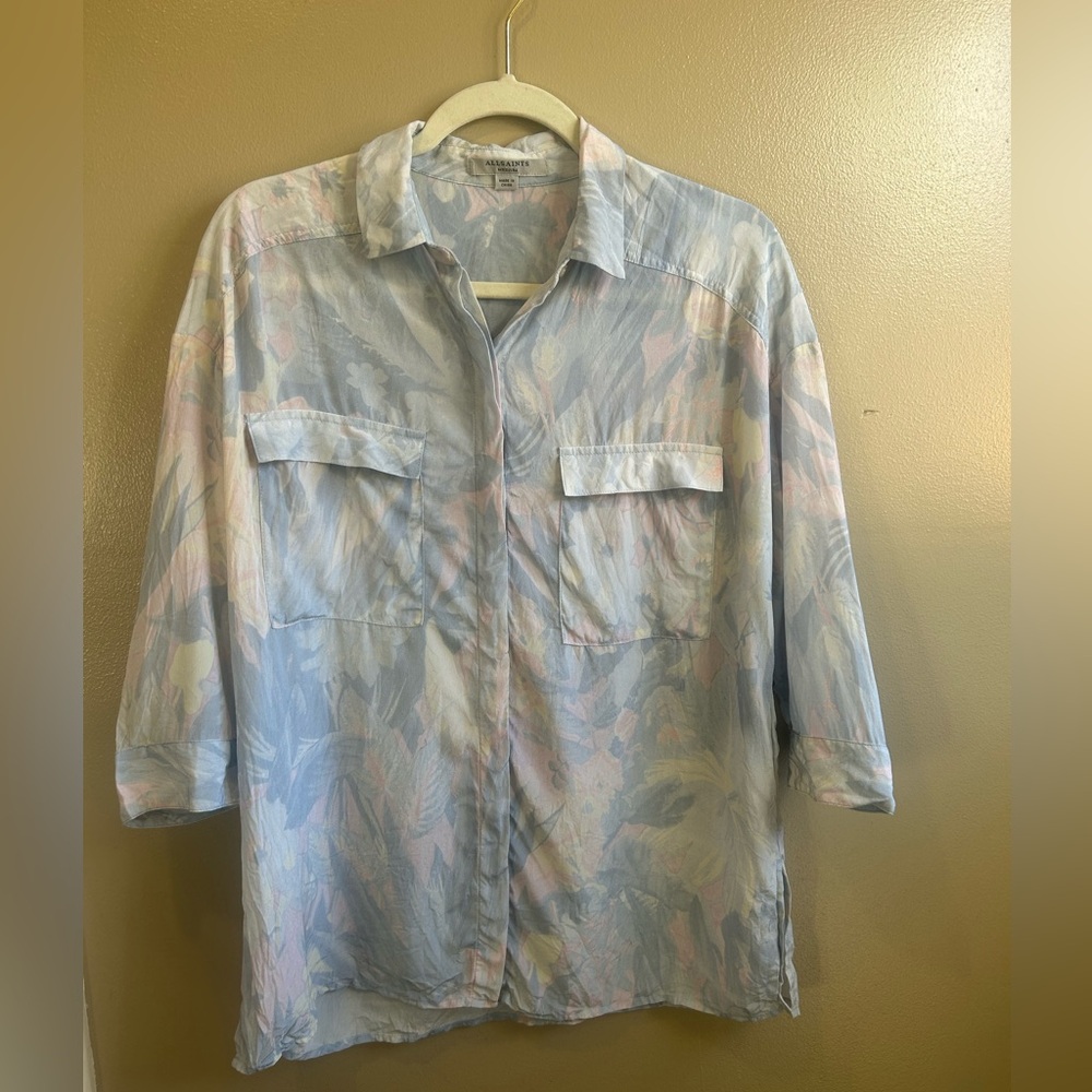 AllSaints Pastel floral silk button down blouse feminine quiet luxury classic